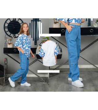 KARGO CEPLİ PANTALON BEYAZ DİKİŞLİ - MAVİ